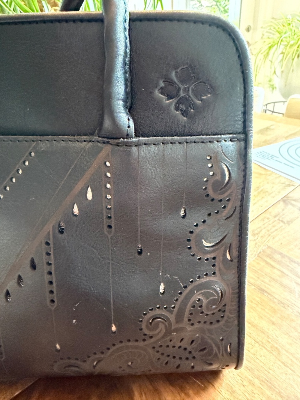 Patricia Nash Large Black Leather Laser Cut Paris Satchel With Silver Backing - Picture 8 of 11